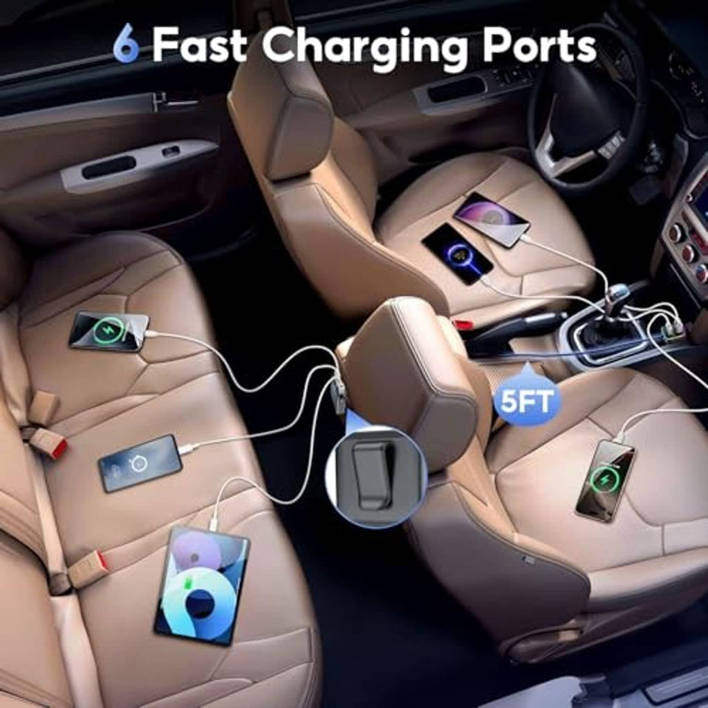 USB car charger powering multiple devices via built-in ports and 5 ft cable.