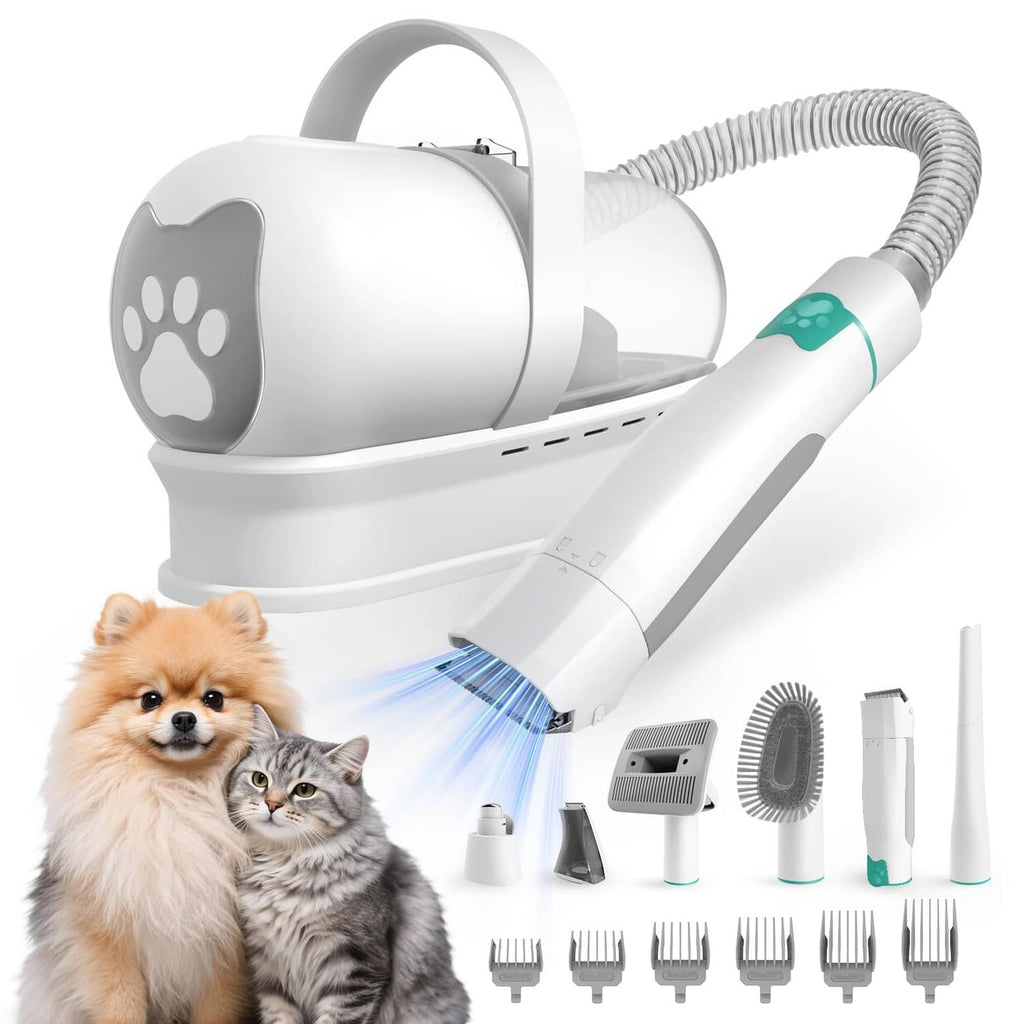 White pet grooming vacuum and clipper kit with vacuum hose, comb attachments, and nozzle