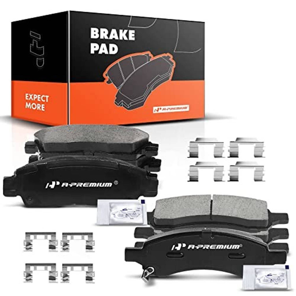 Ceramic brake pads set with boxed package, pads, and metal mounting hardware