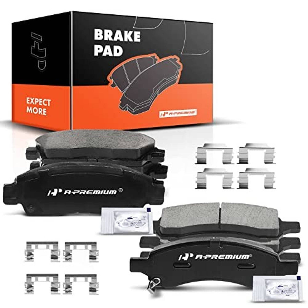 Ceramic brake pads set with boxed package, pads, and metal mounting hardware