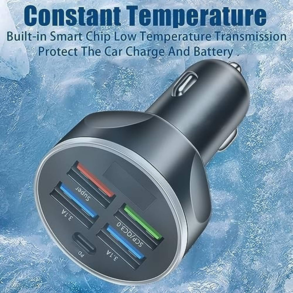 Black car charger with LED voltmeter and illuminated USB ports on blue-ring panel