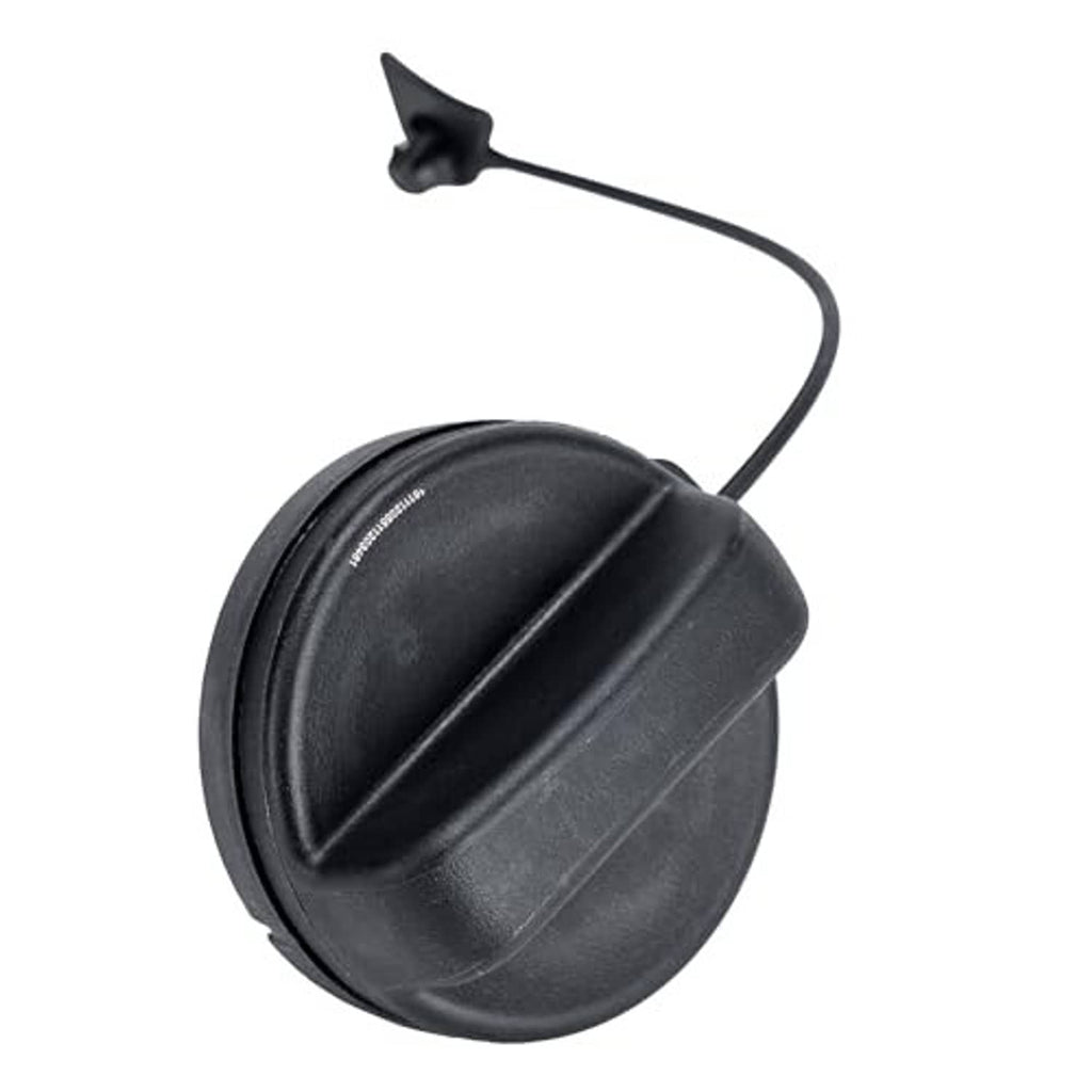 Fuel tank filler cap with tether cord and ridged black cover, front view.