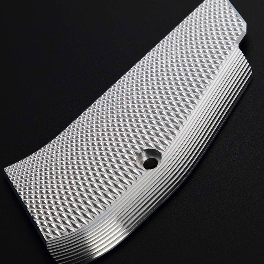 Single aluminum grip panel with diamond checkered surface and ribbed lower edge