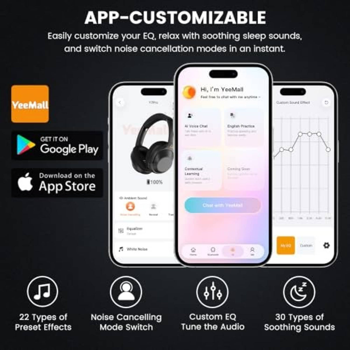 Over-ear headphones shown with a smartphone app screen