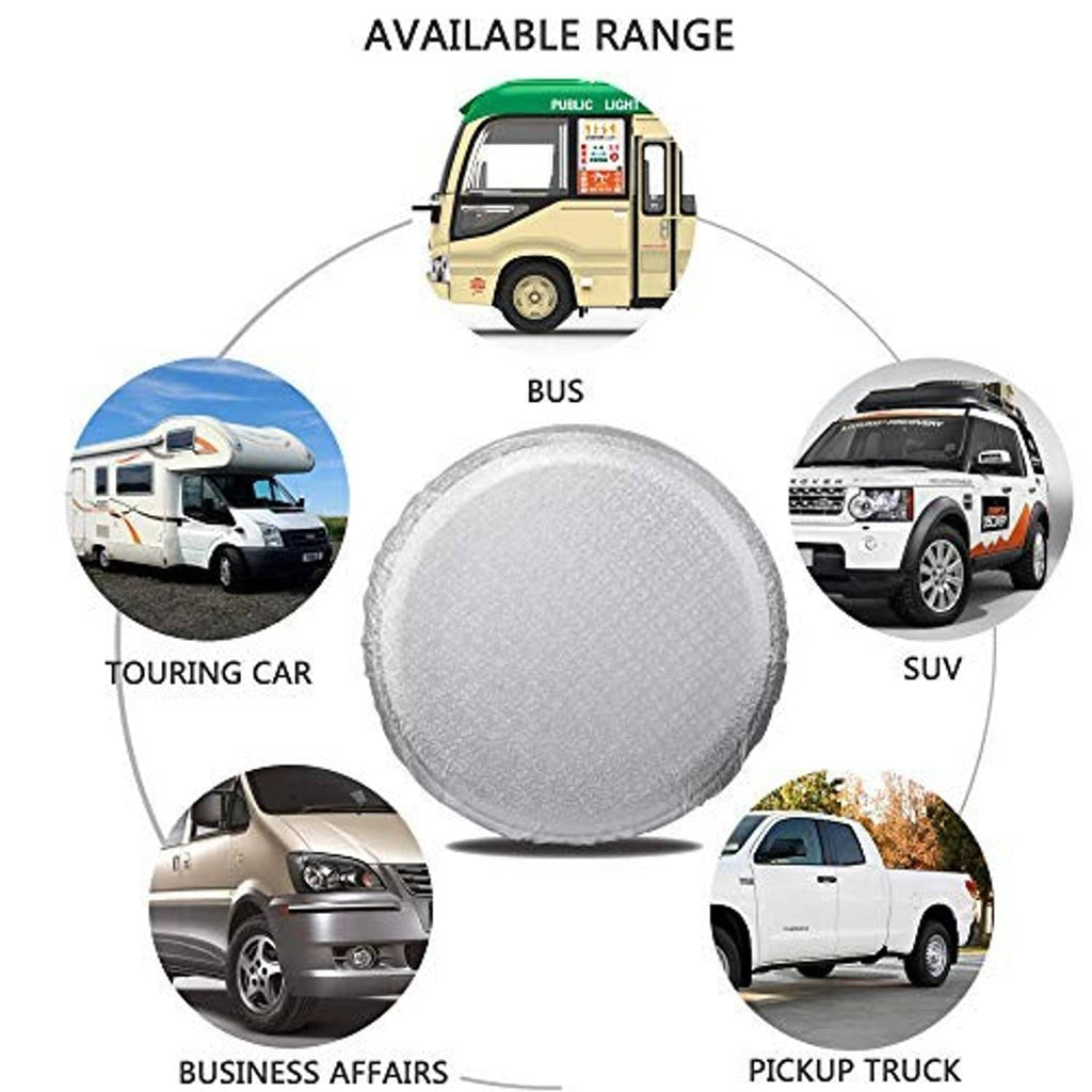 RV wheel tire cover displayed in a compatibility range chart with vehicle icons