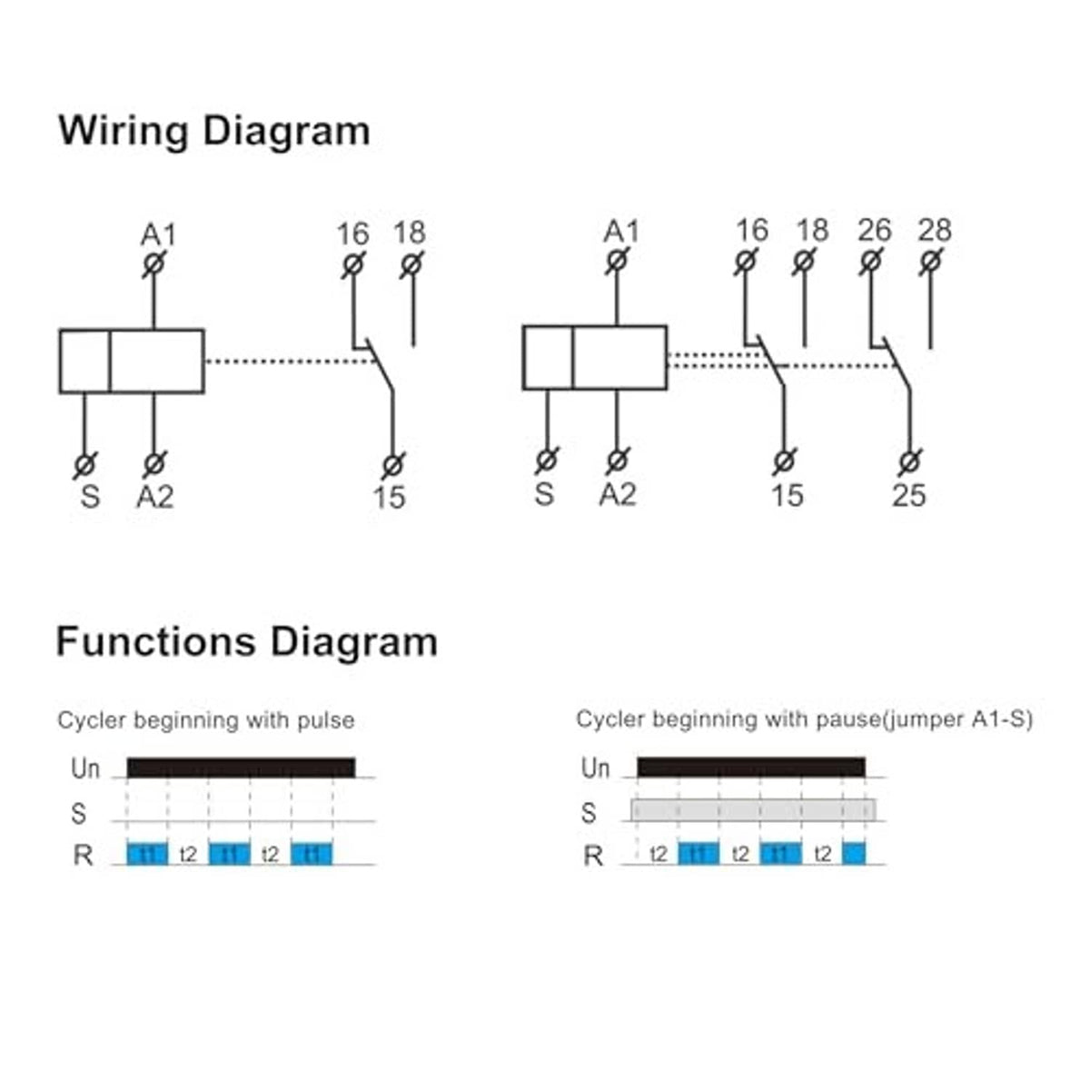 Wiring diagram for cycle time delay relay showing A1/A2 and S/R terminal connections
