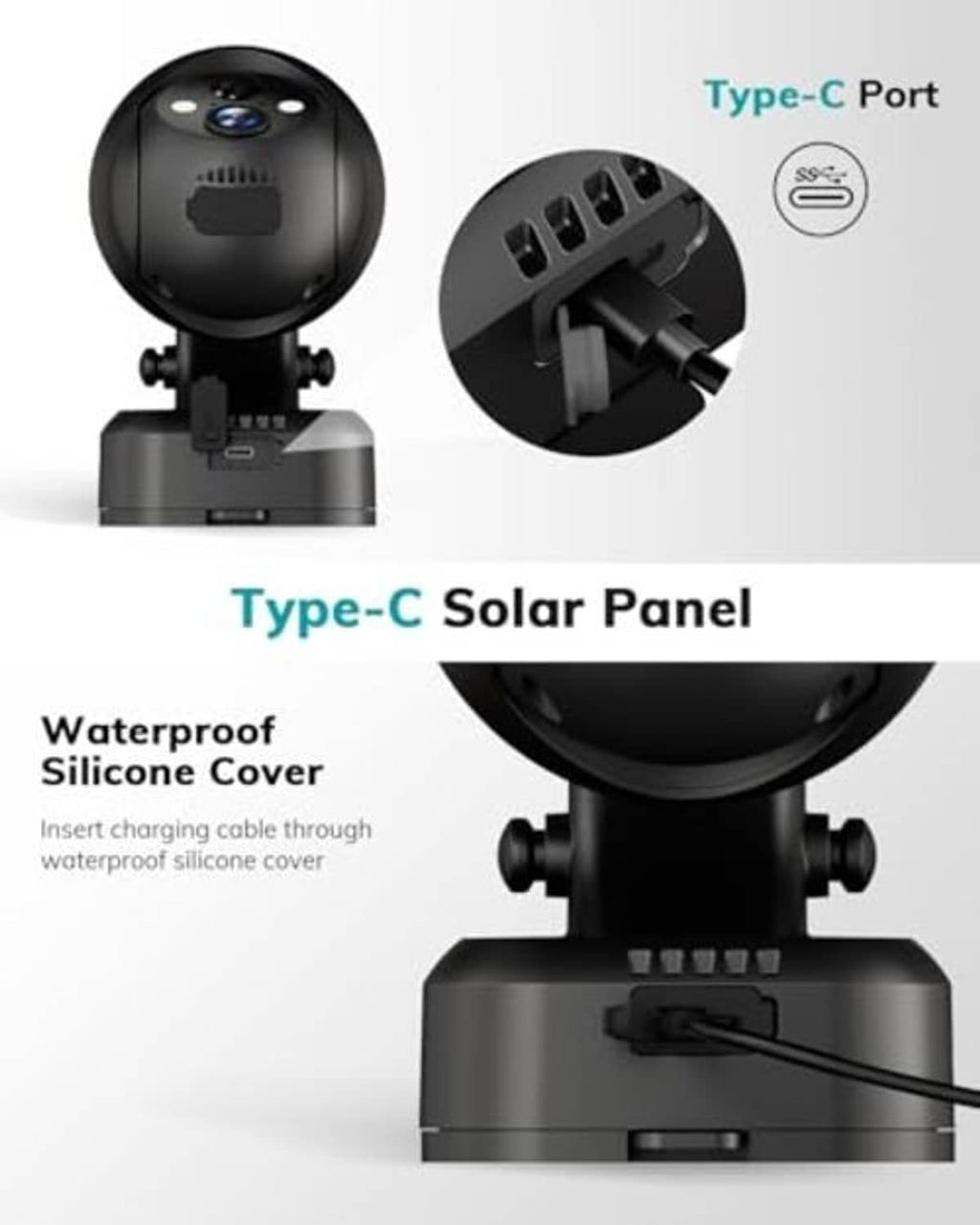 Black Type-C solar panel with waterproof silicone cover and charging port detail