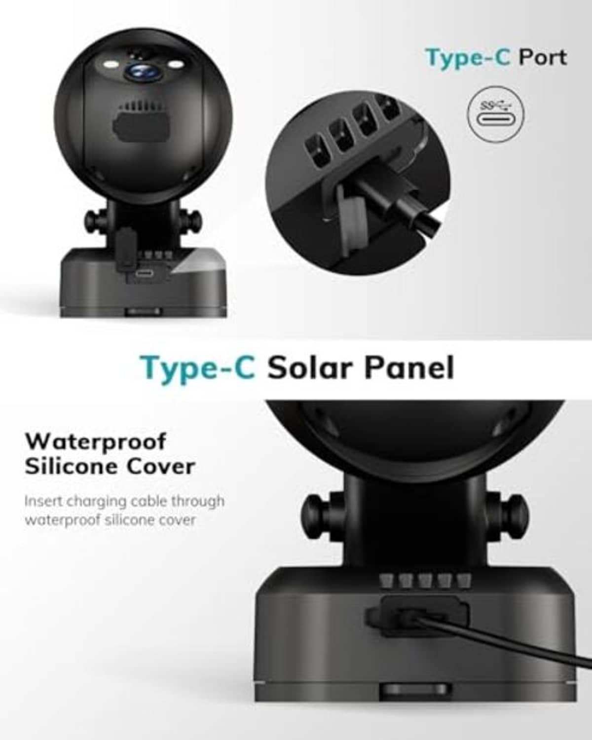 Black Type-C solar panel with waterproof silicone cover and charging port detail