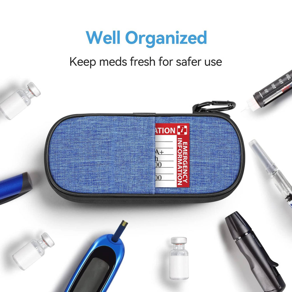 Blue insulated insulin travel case with zipper closure and compact oval profile.