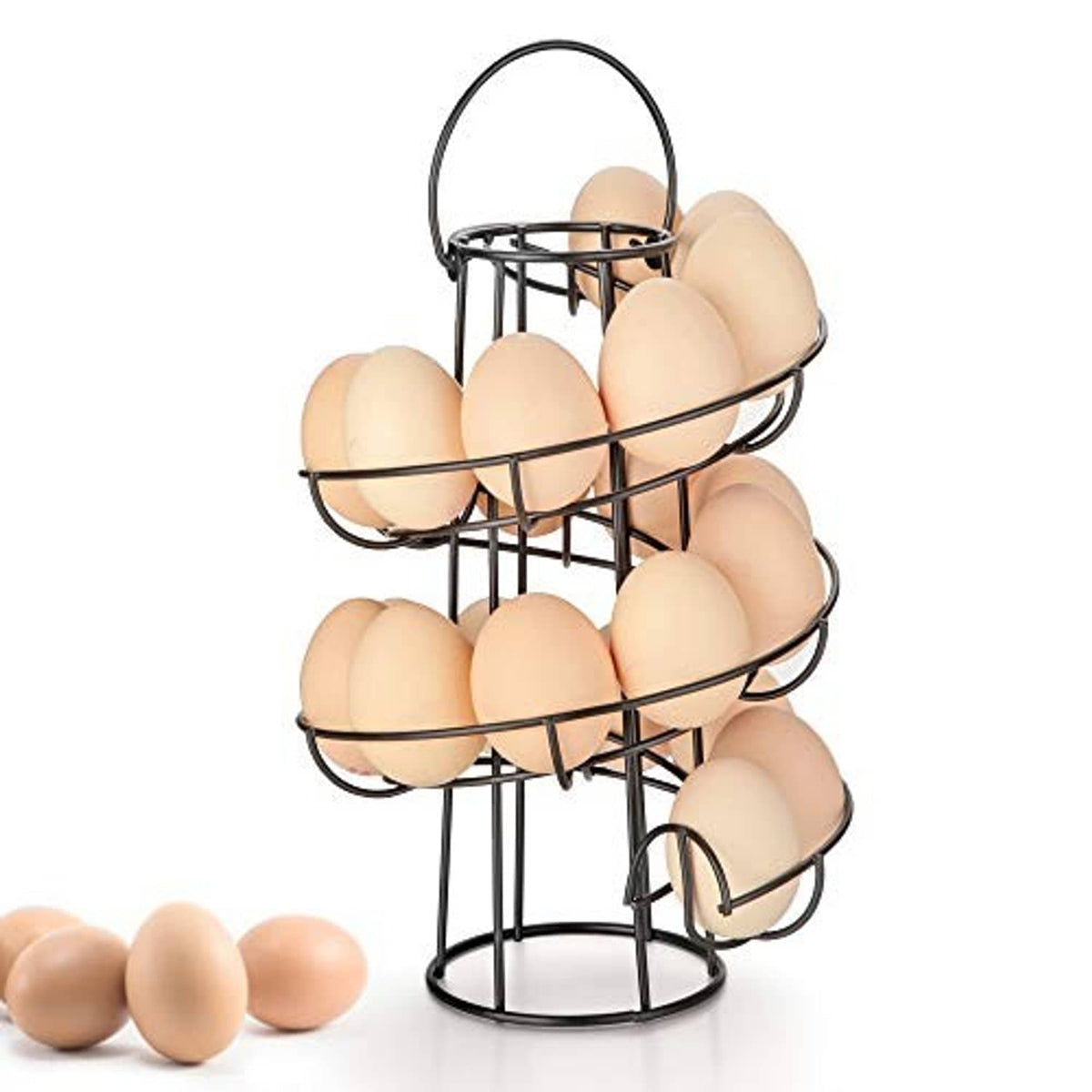 Spiral egg storage rack with wire baskets and handle, black metal frame.