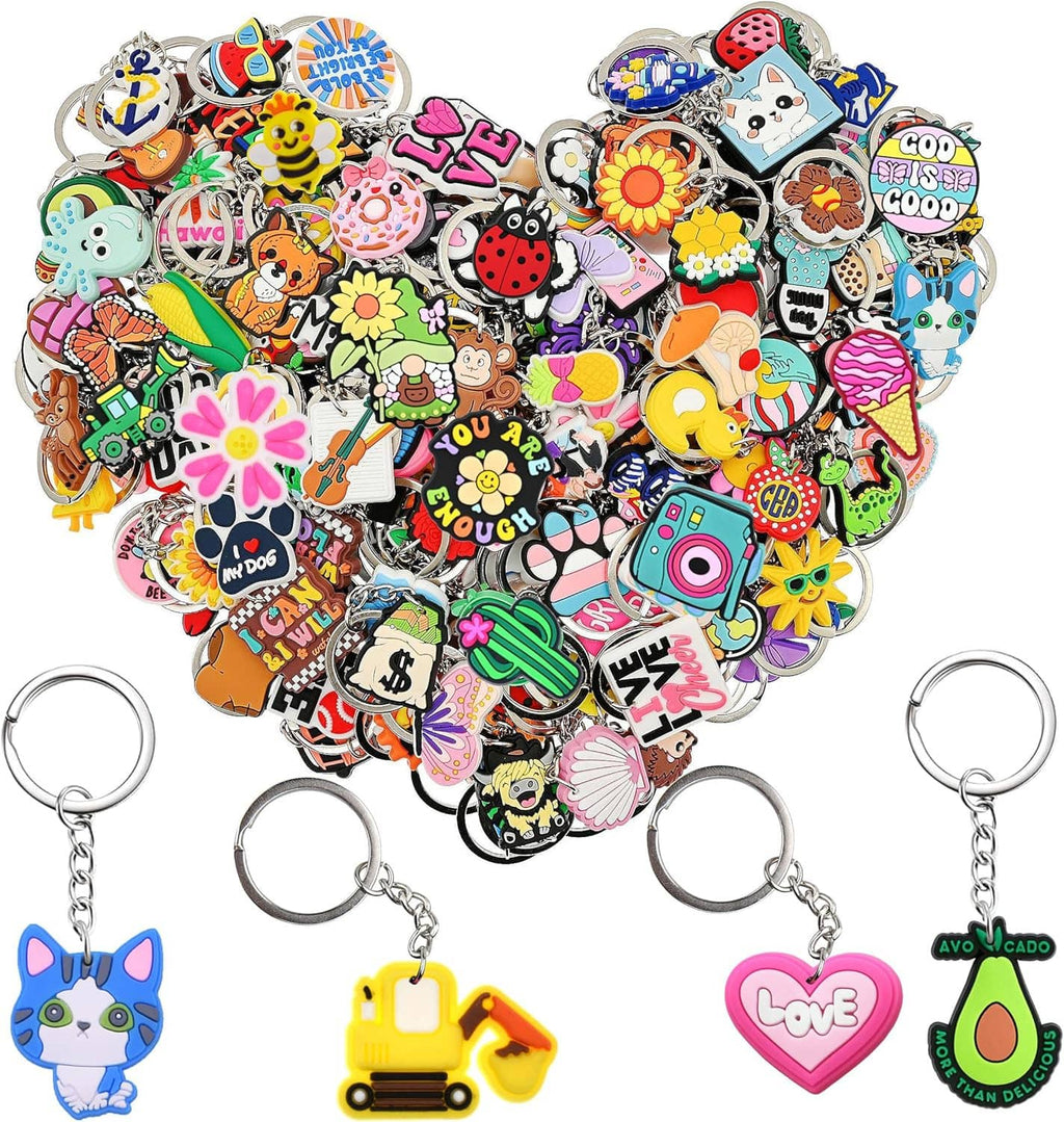 Assorted colorful cartoon charm keychains with silver key rings, bulk lot of characters