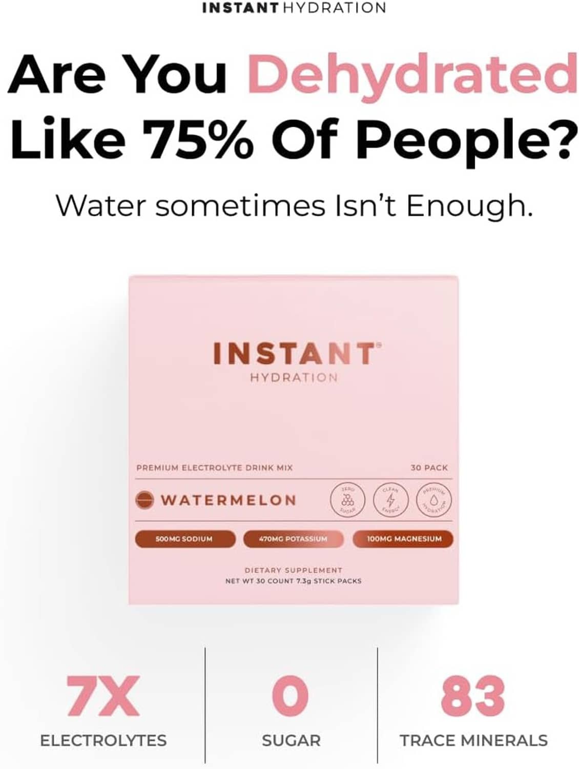Instant Hydration watermelon electrolyte drink mix box, 30-pack, pink.