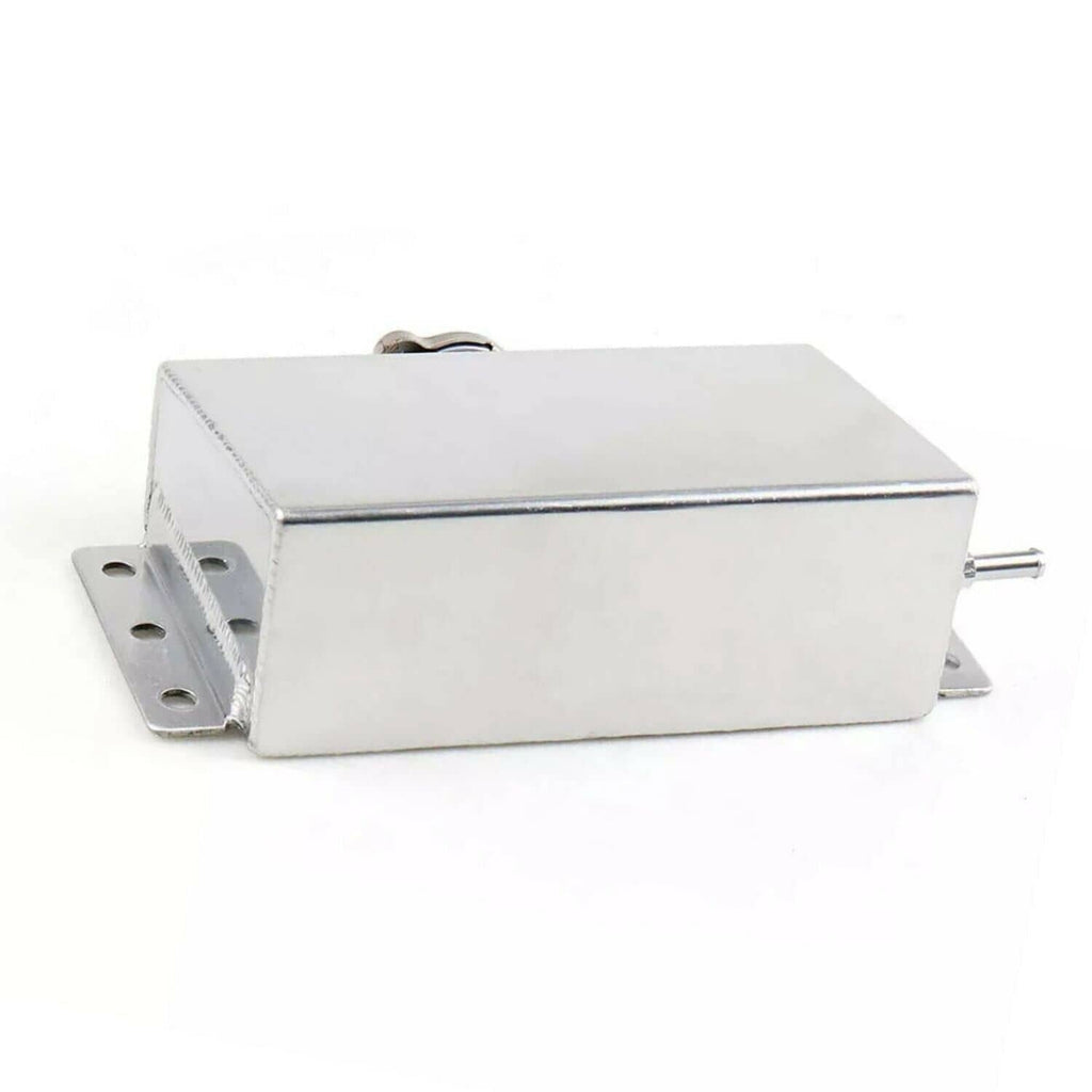 Aluminum coolant overflow reservoir tank with outlet nipple and mounting tabs