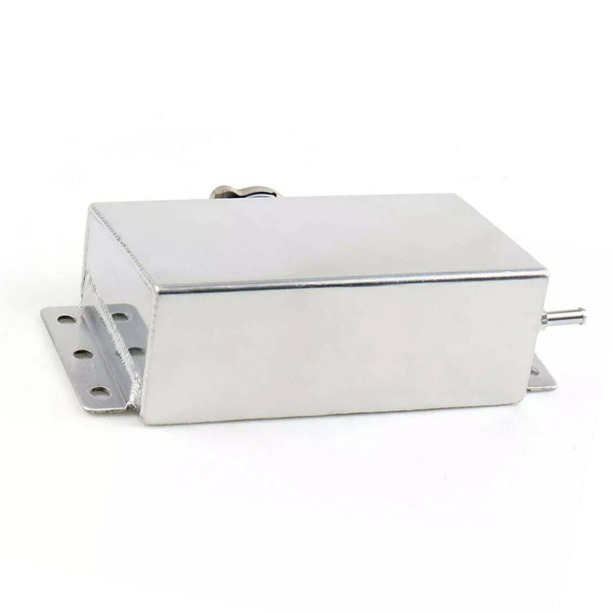 Aluminum coolant overflow reservoir tank with outlet nipple and mounting tabs