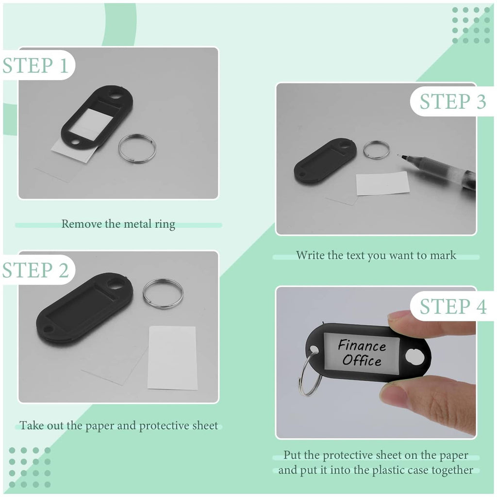 Black key tag with label slot and metal ring, parts and protective label sheet