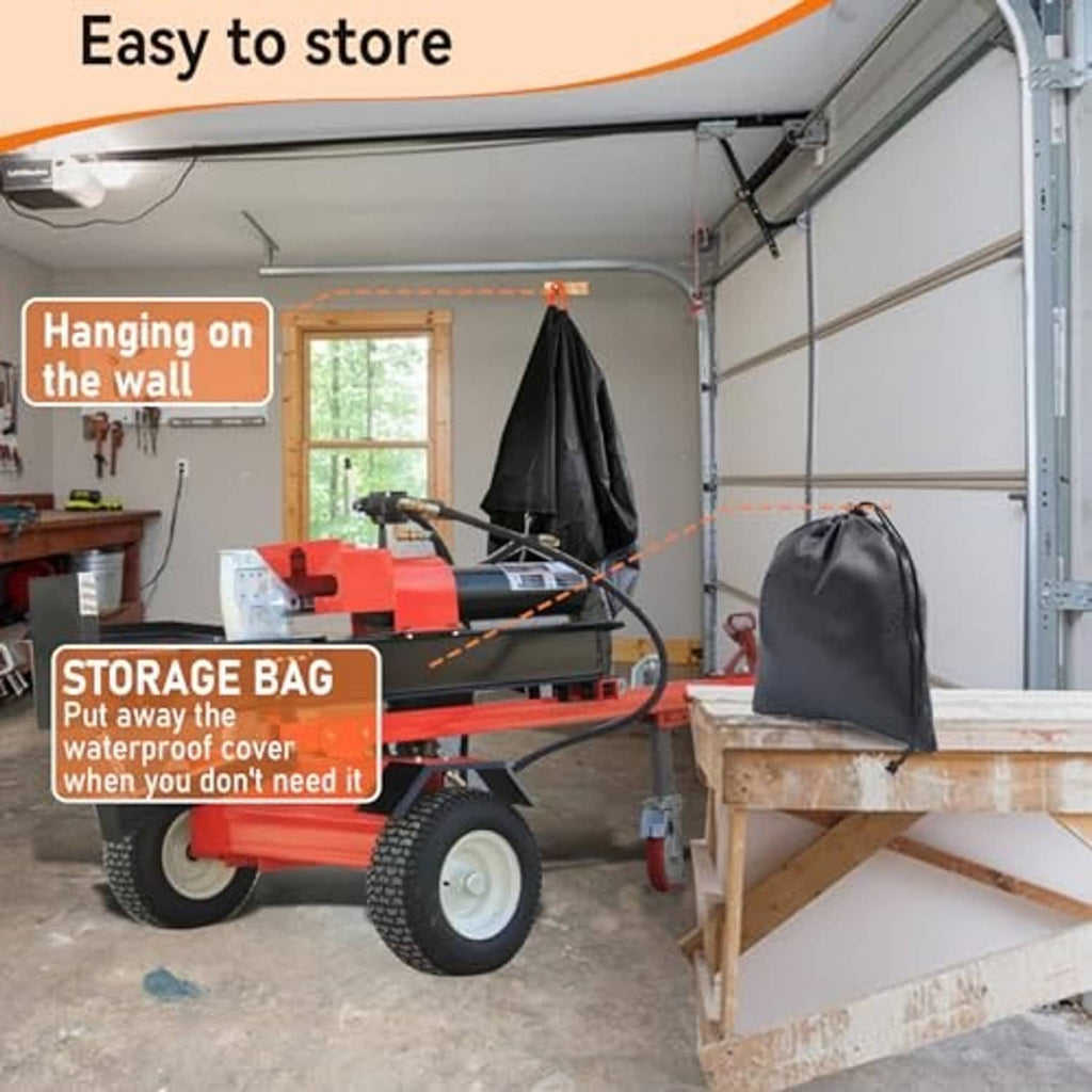Log splitter cover and matching storage bag, black with orange carry accents