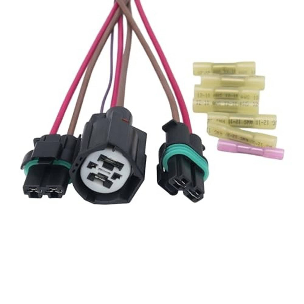 Connector wire harness with three plug ends and matching yellow terminal connectors