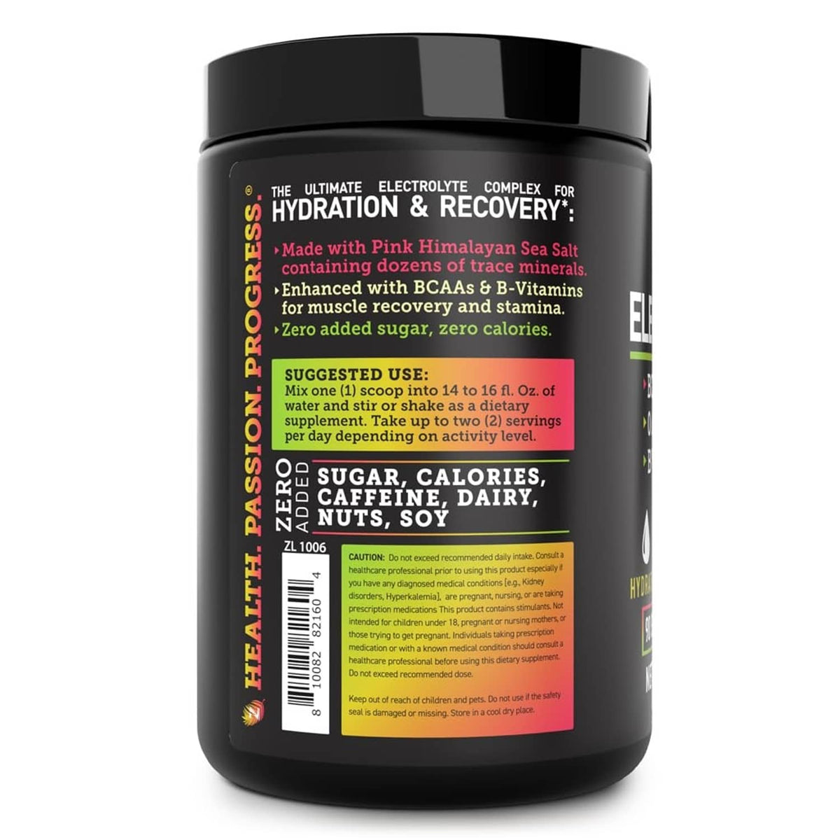 Black electrolytes powder supplement tub with dosage and ingredient directions