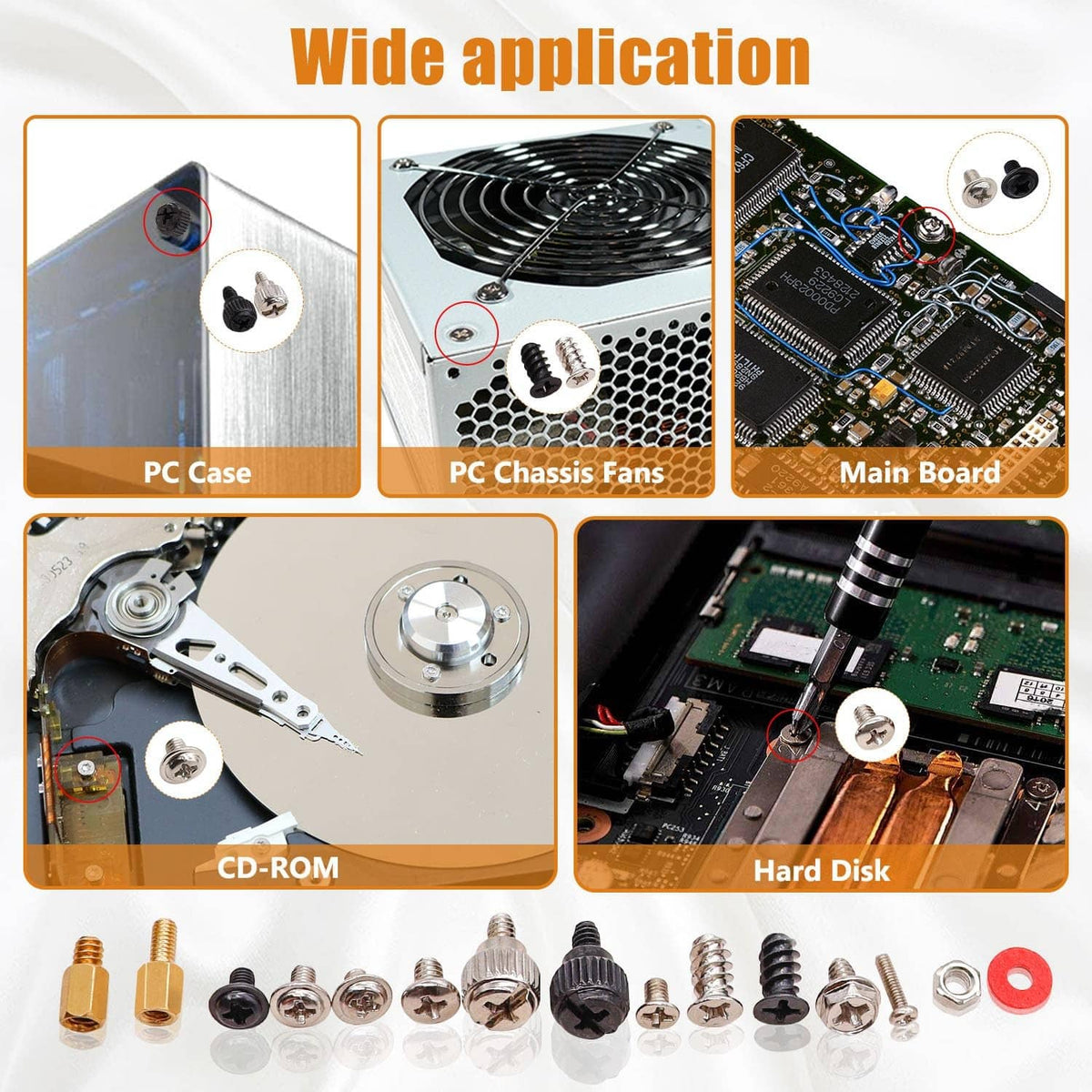 Computer screws for PC case, chassis fans, and motherboard; varied screw heads included