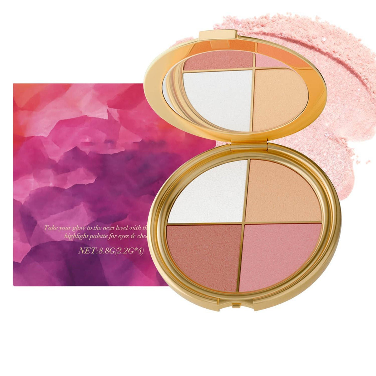 Four shades in an eye and cheek palette compact: white, beige, mauve, pink
