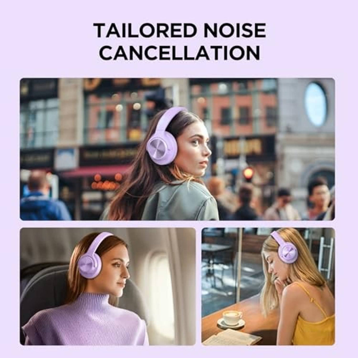 Purple over-ear wireless headphones worn by woman in side and profile views