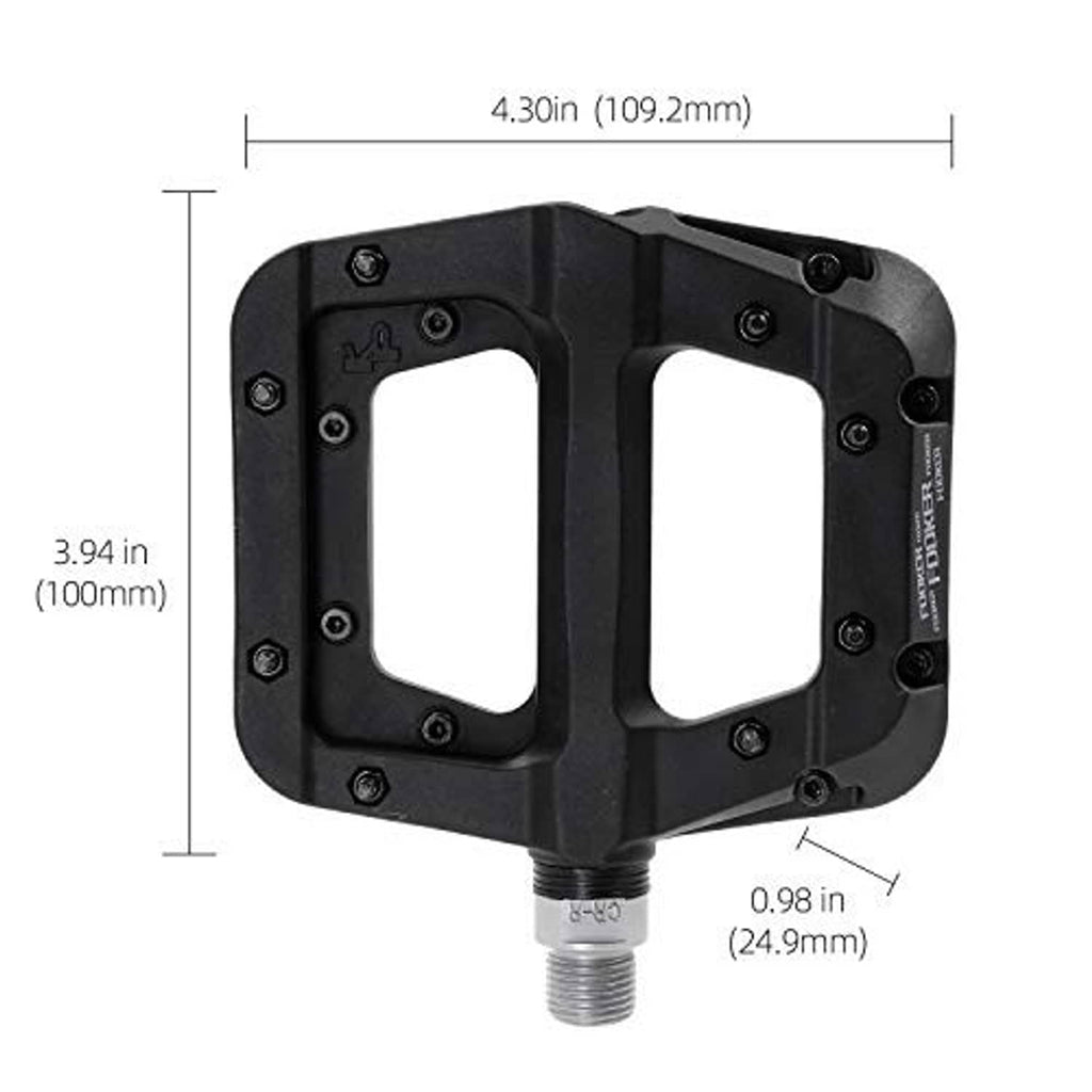 Black MTB flat pedal with open platform and threaded axle, product size diagram