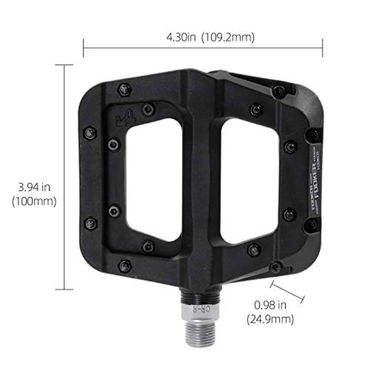 Black MTB flat pedal with open platform and threaded axle, product size diagram