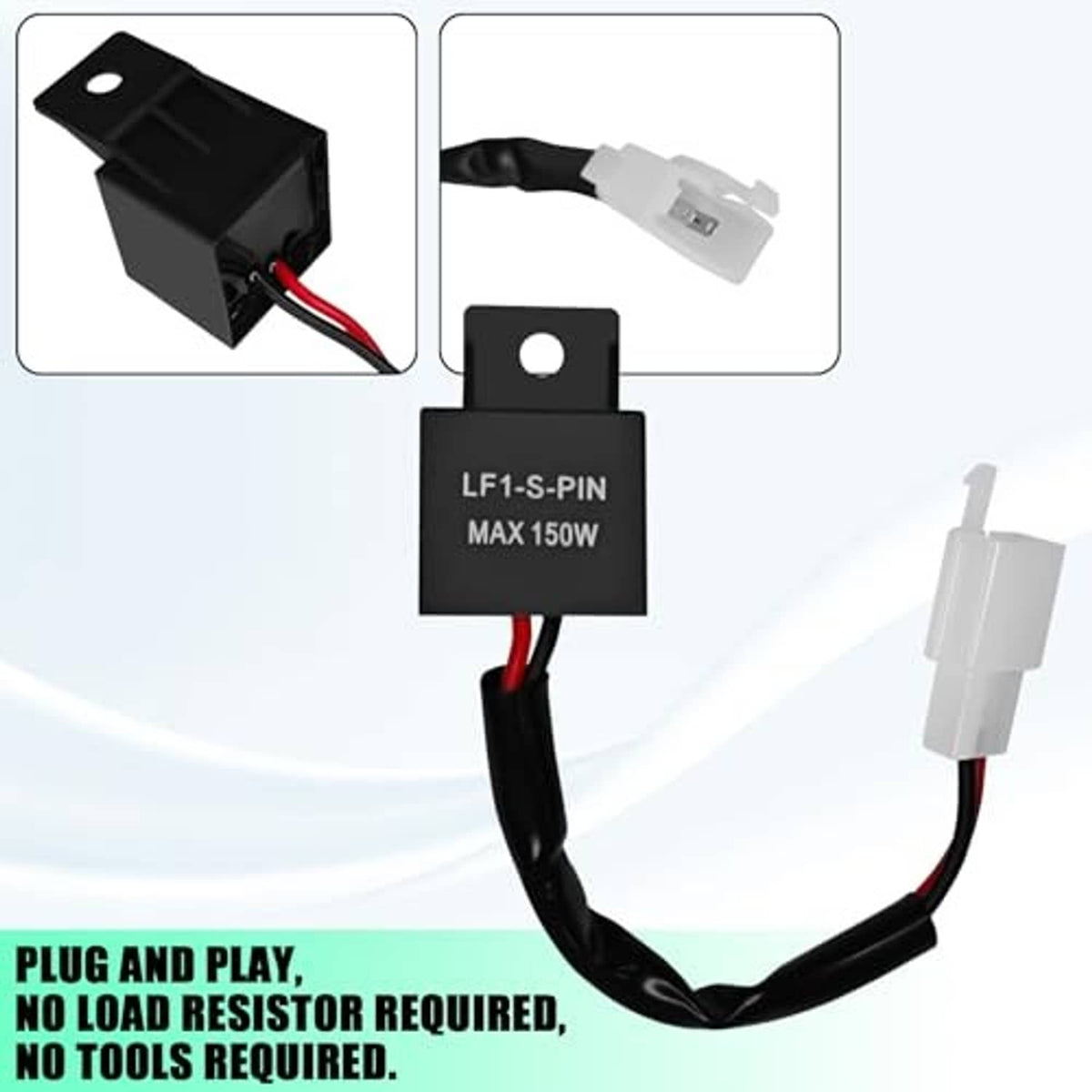 Black LED flasher relay with pin mounting hole and white plug connector