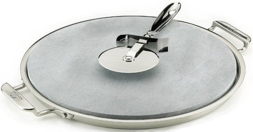 Soapstone pizza stone with stainless steel handles and a black center control