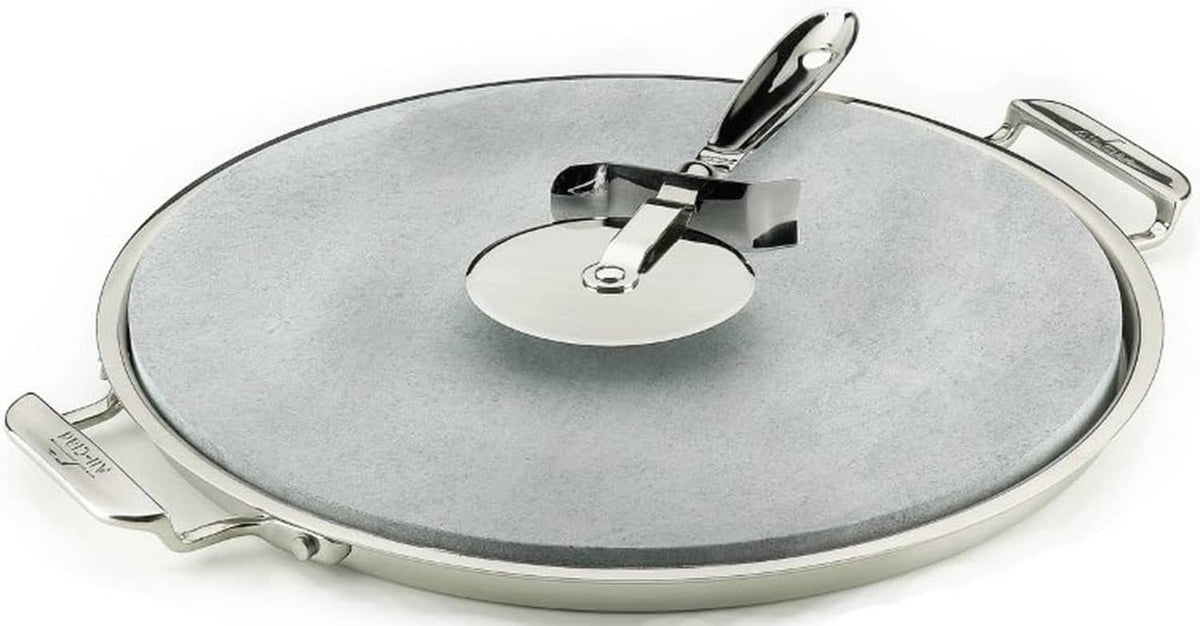 Soapstone pizza stone with stainless steel handles and a black center control