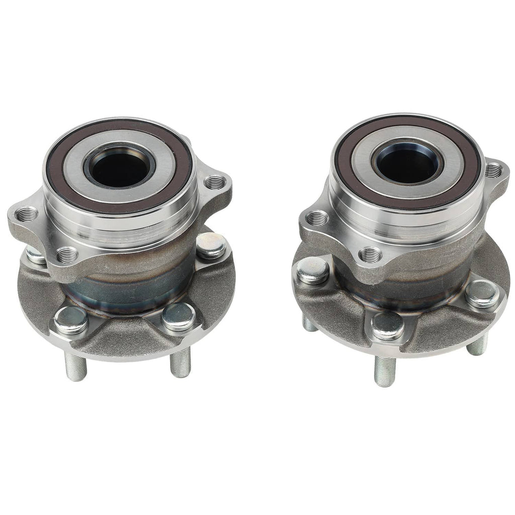 Pair of rear wheel hub bearings with circular steel housing, flanges, and bolt holes