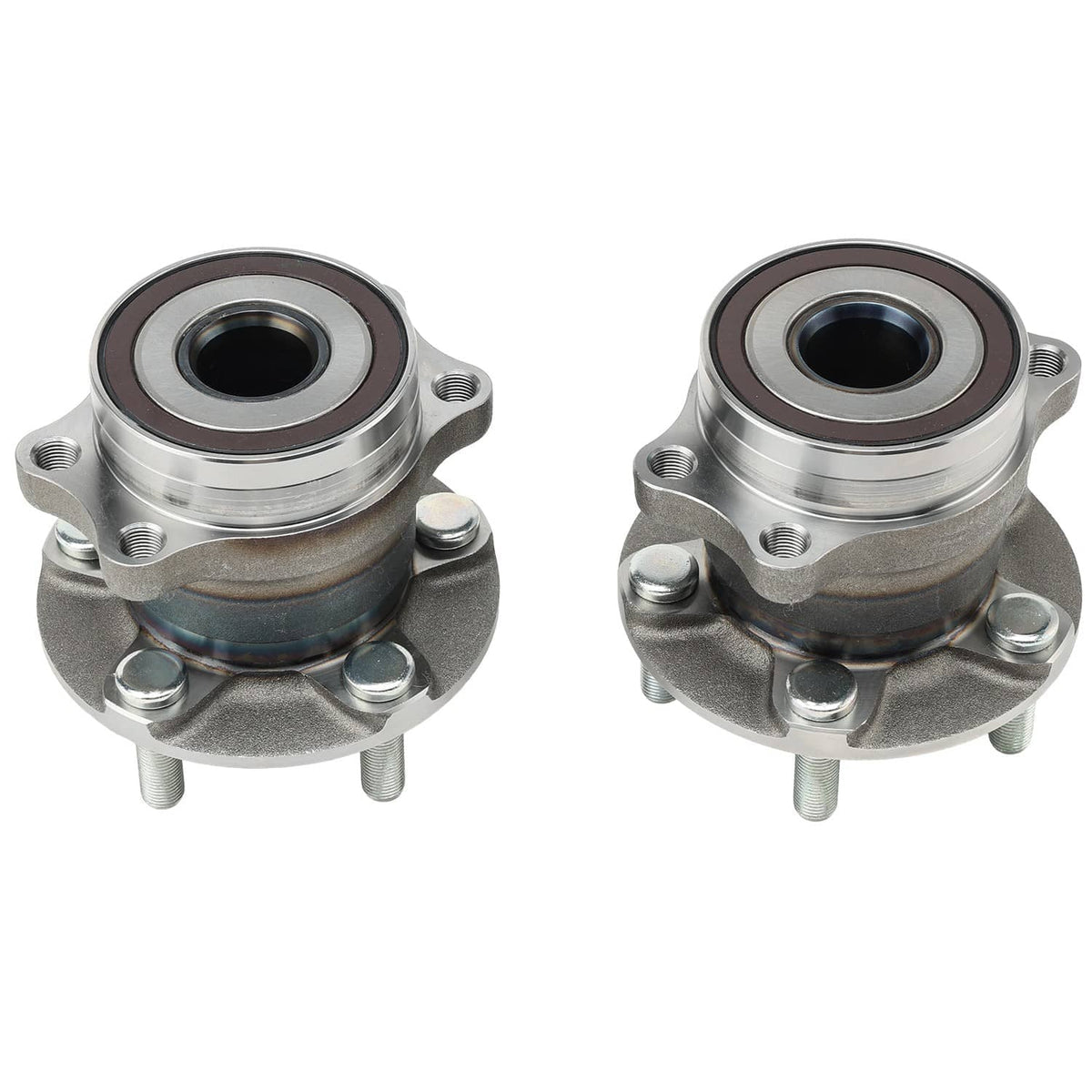 Pair of rear wheel hub bearings with circular steel housing, flanges, and bolt holes