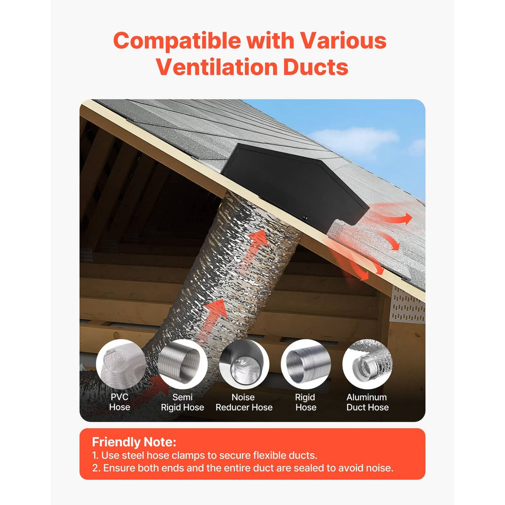 Black hooded vent cover with louver opening, shown with duct connection examples