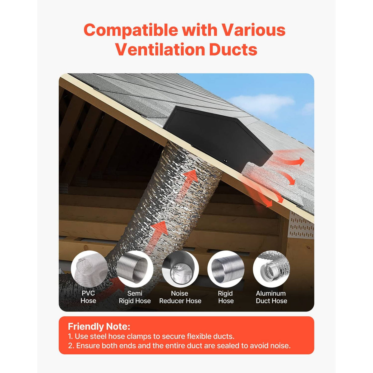Black hooded vent cover with louver opening, shown with duct connection examples