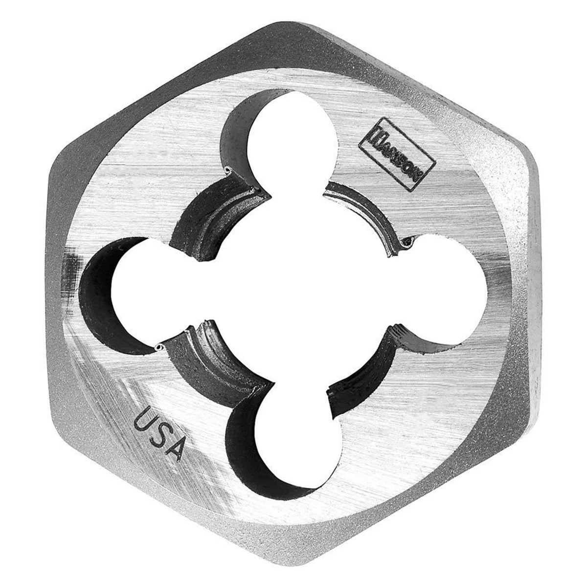 Hex die tool with multi-slot clover pattern, metal, USA marked