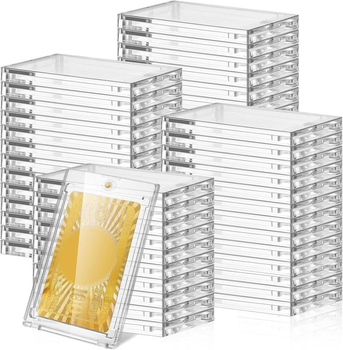 Clear acrylic magnetic tag holders, multiple stacks with front holder and tag visible