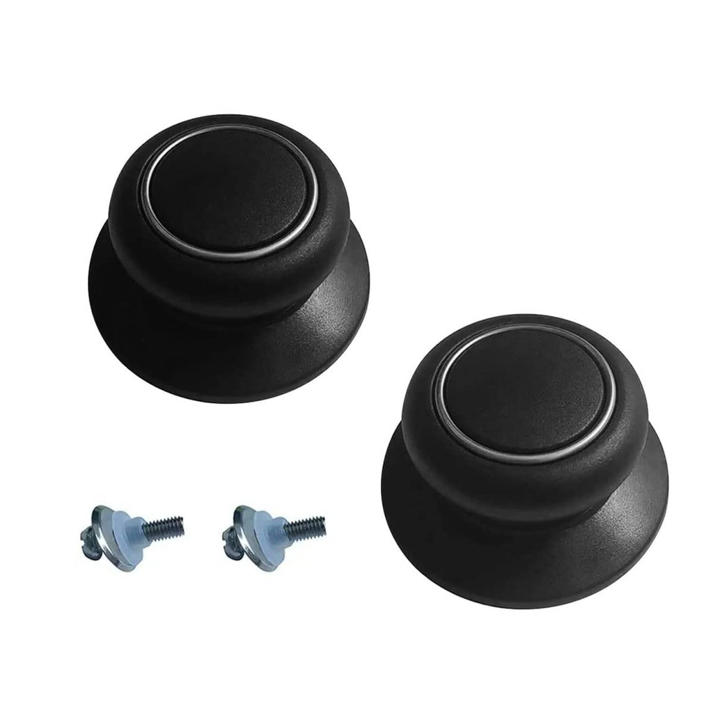 Two black pot lid replacement knobs with screws, heat-resistant bakelite-style caps