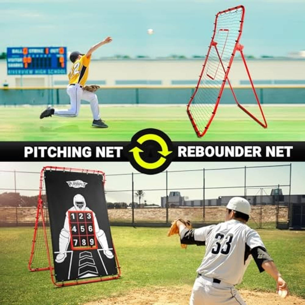 Baseball pitching and rebounder nets standing in a practice area, red frame and black face