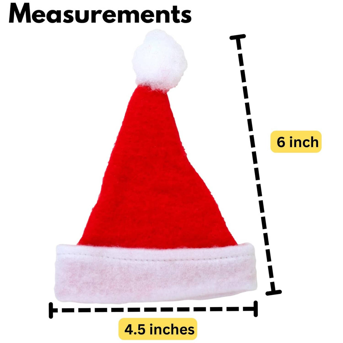 Red mini felt Santa hat with white brim, size markers shown