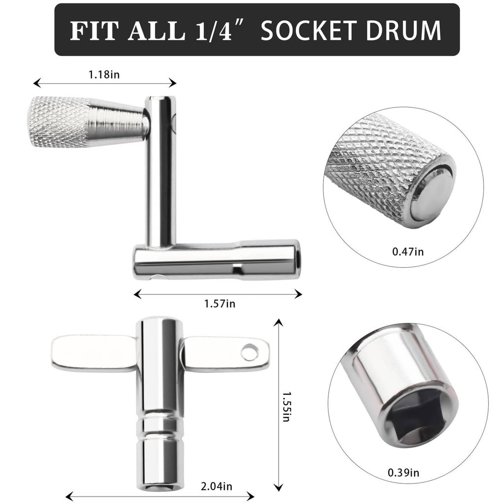 Chrome drum key with 1/4 socket L handle and close-up of textured grip