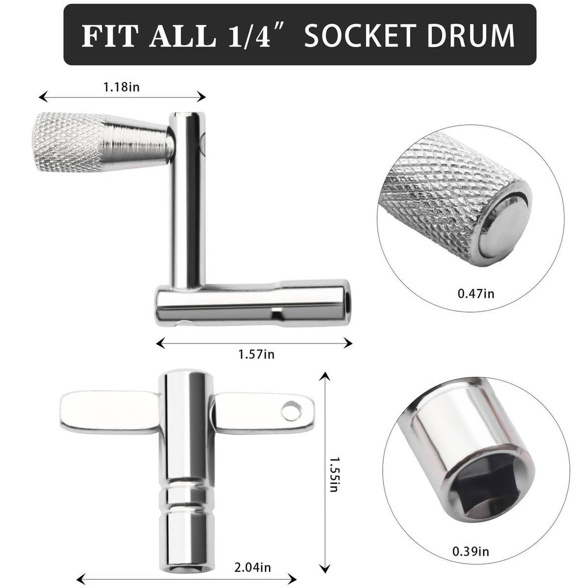 Chrome drum key with 1/4 socket L handle and close-up of textured grip