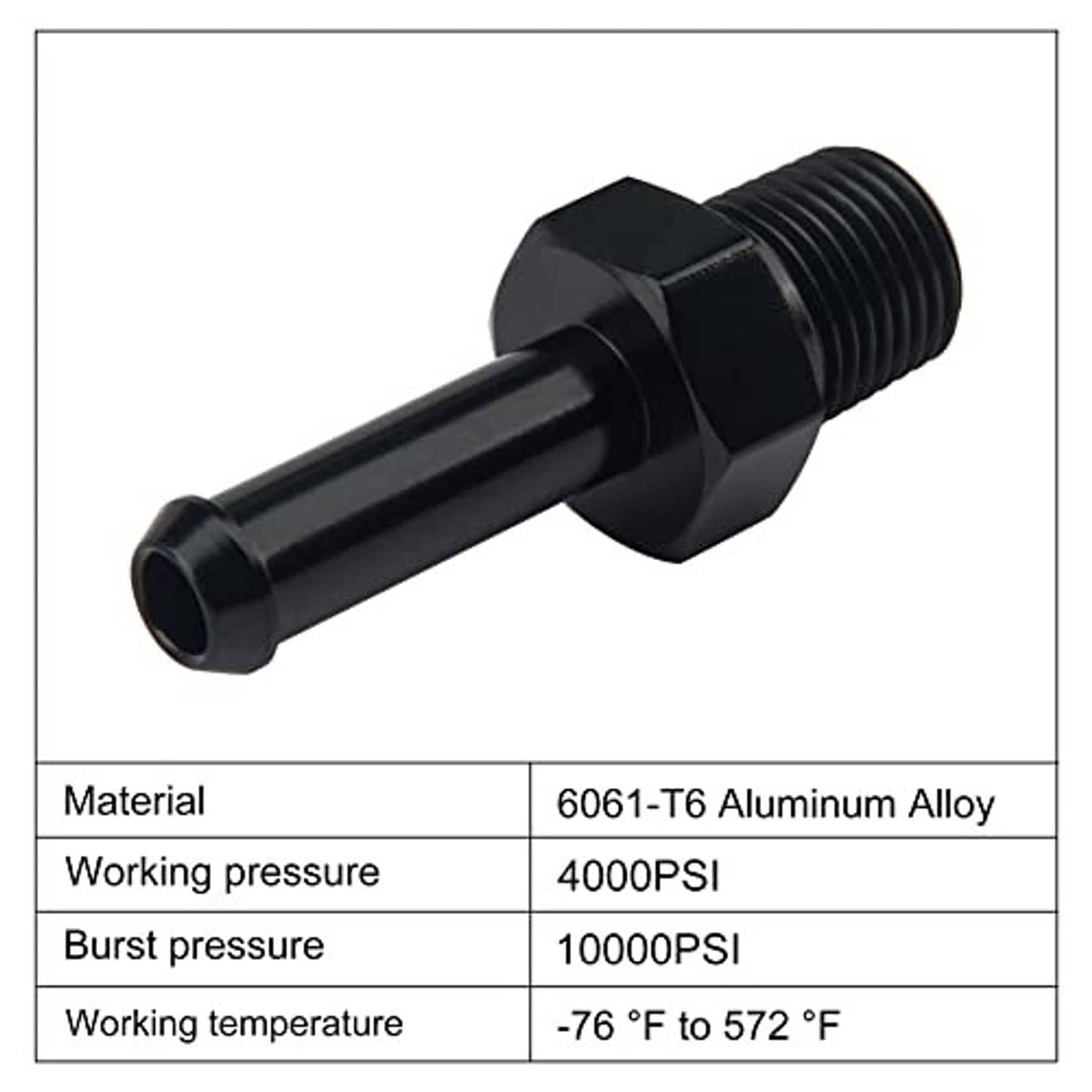 Straight black adapter fitting made from 6061-T6 aluminum alloy