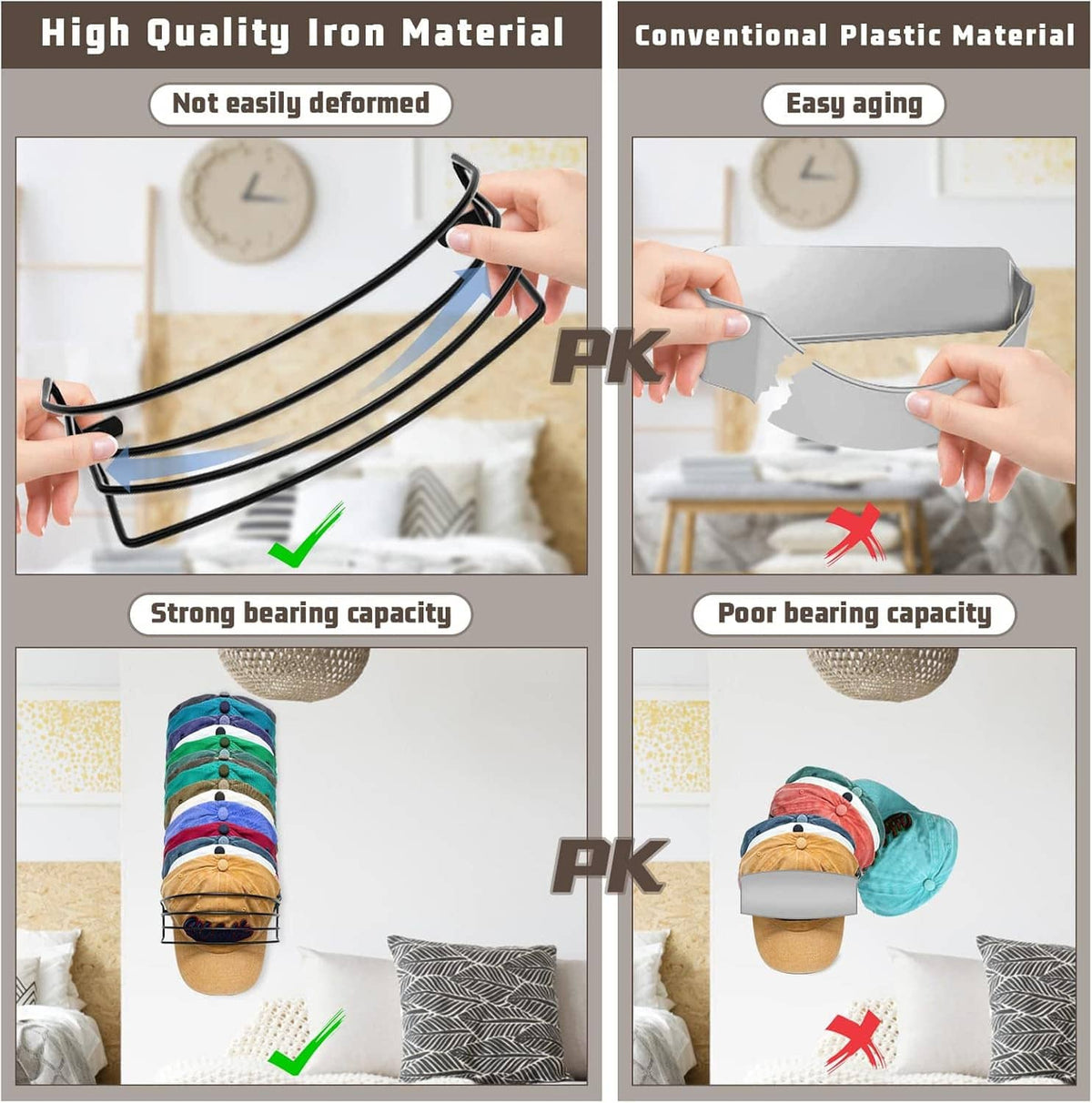 Black metal hat rack designed for strong, non-deforming support