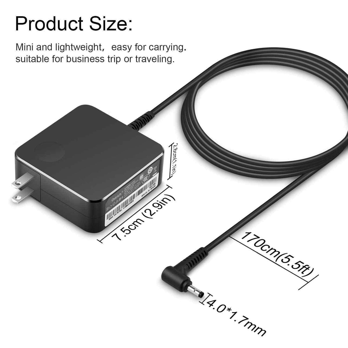 Black laptop charger adapter with round DC plug and extended power cord