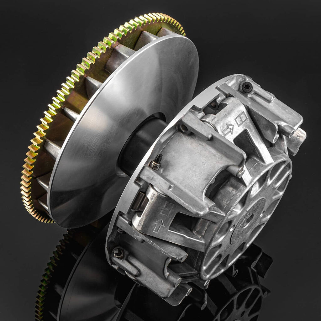 ATV drive clutch assembly with metal housing and toothed gear ring