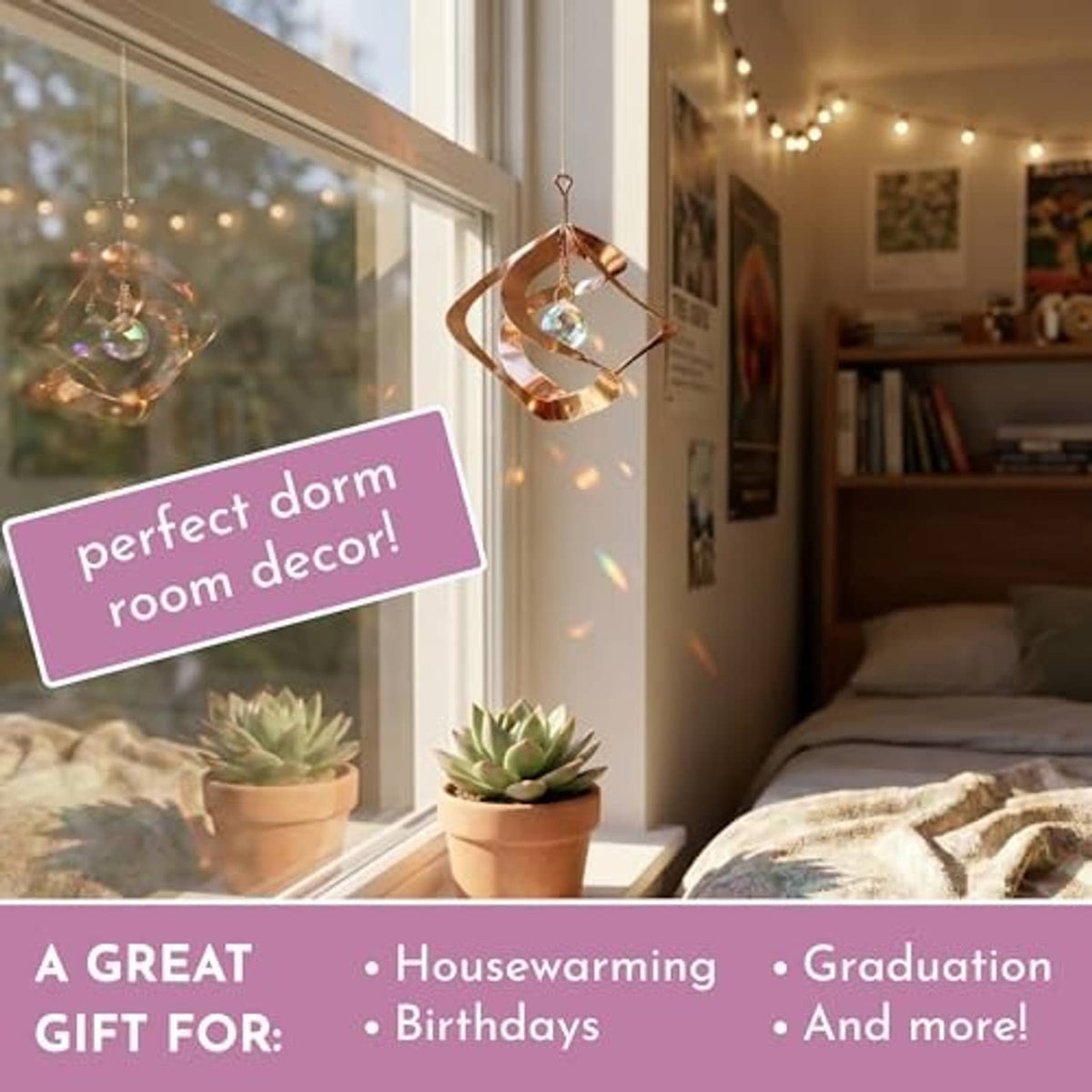 Copper window-hanging wind spinner with prismatic crystal globe charm