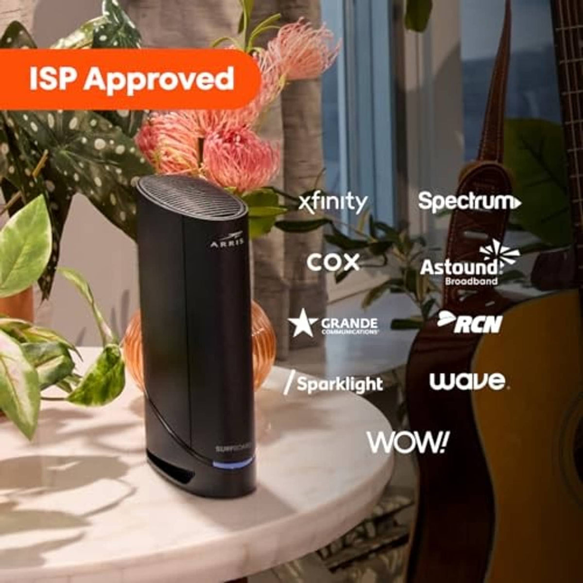 ARRIS SURFboard black cable modem router with glowing blue status light, upright