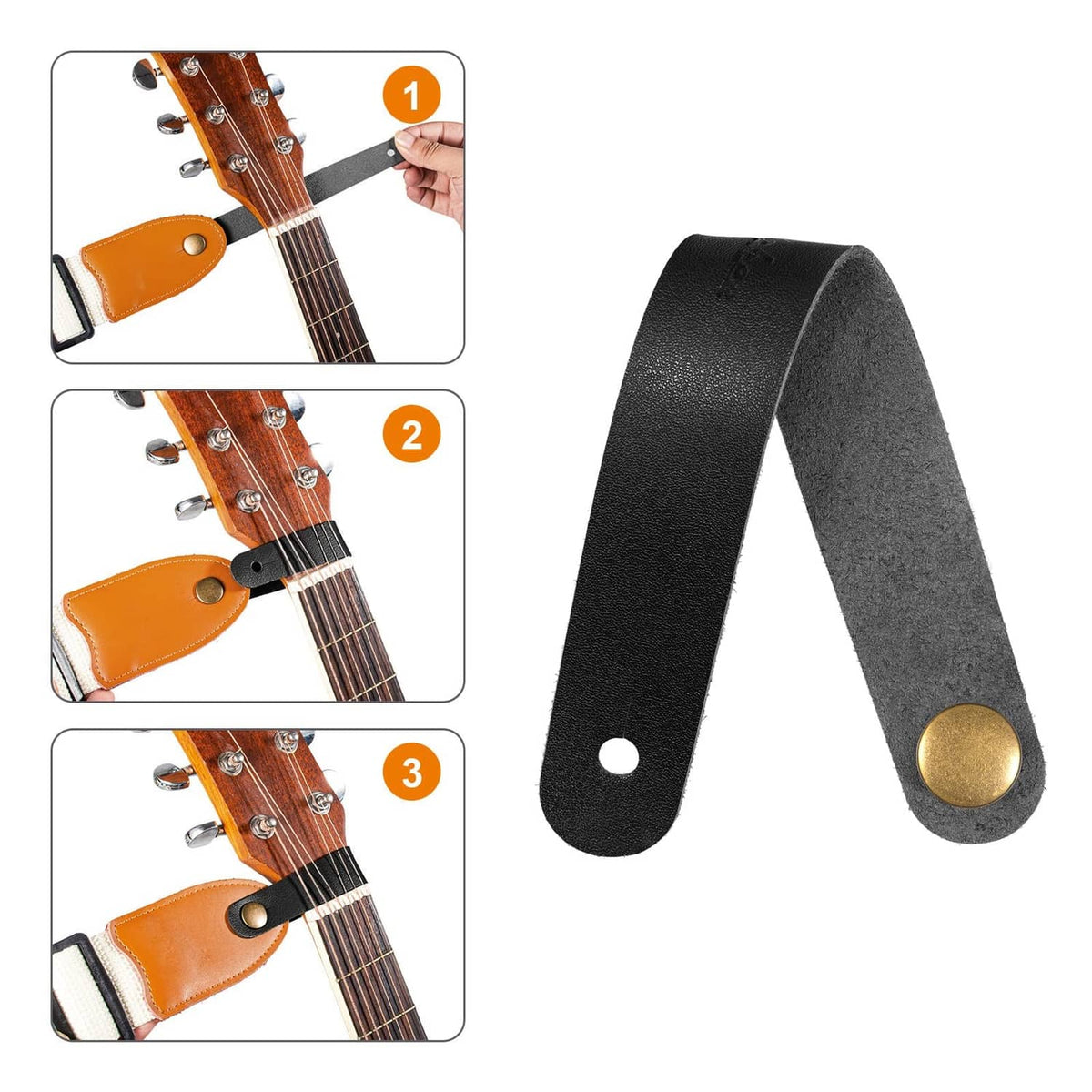 Leather guitar strap headstock tie adapters, black with brass button ends