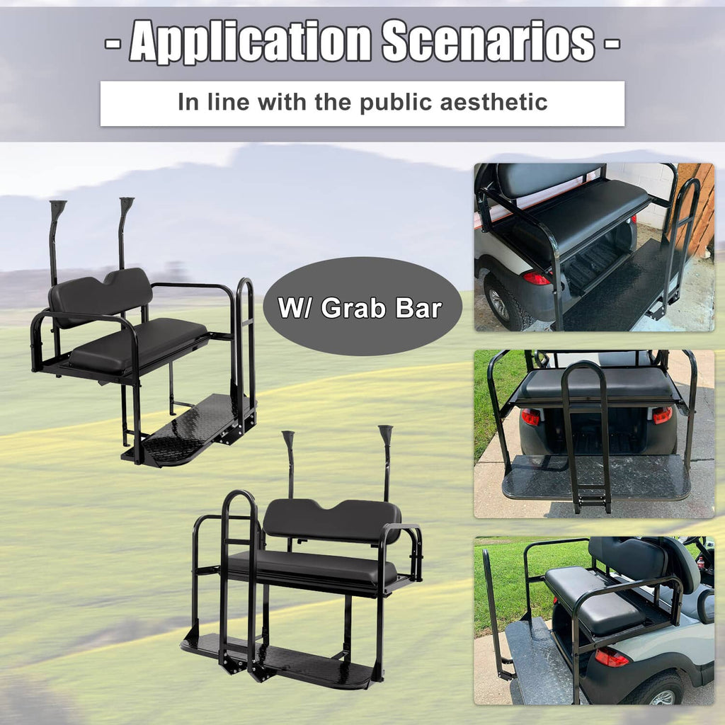 Black rear flip seat kit with grab bar, armrests, and dual seat cushions for cart