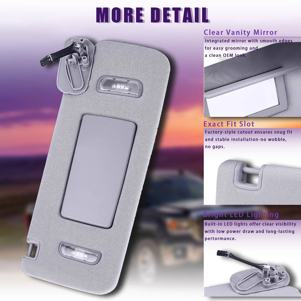 Grey sun visor with vanity mirror, LED lighting, and side pull handle detail